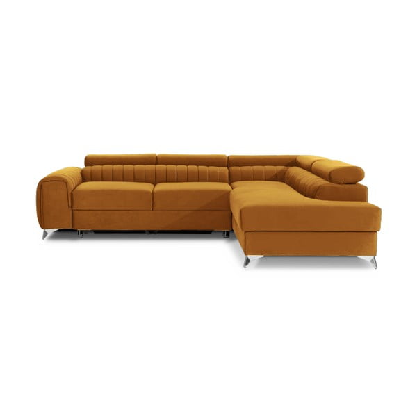 Geltonos spalvos iš velveto sulankstoma/su sandėliavimo vieta kampinė sofa (su dešiniuoju kampu/„L“ formos) Laurence – ELTAP