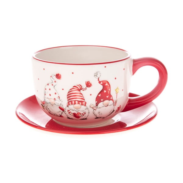 Raudonai baltas keraminis puodelis su lėkštele, dekoruotas nykštukų motyvais Dakls