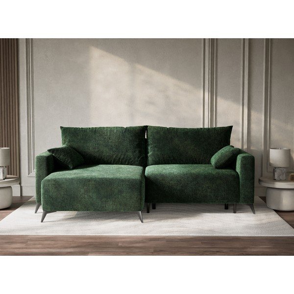 Tamsiai žalios spalvos sulankstoma/su sandėliavimo vieta kampinė sofa iš šenilinio audinio (su kairiuoju kampu/su gultu) Leon – Maison de Rêve-image-1