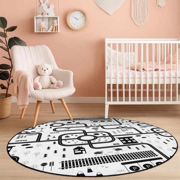 Skalbiamas juodos ir baltos spalvos vaikiškas žaidimų kilimas ø120 cm In My Town – Mila Home-image-4