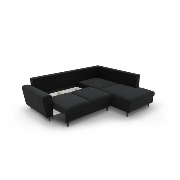 Juodos spalvos iš velveto sulankstoma/su sandėliavimo vieta kampinė sofa (su dešiniuoju kampu/„L“ formos) Kyoto – Cosmopolitan Design-image-3