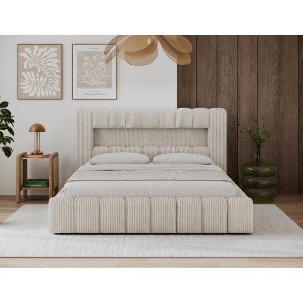 Smėlio spalvos dvigulė lova audiniu dengta su sandėliavimo vieta su lovos grotelėmis 140x200 cm Lamica – ELTAP-image-3