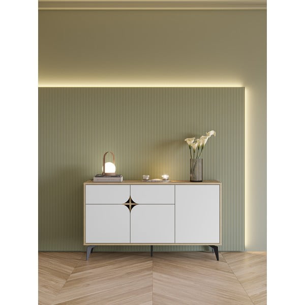 Žema šoninė spintelė baltos spalvos/natūralios spalvos iš ąžuolo 140x79 cm Nola – Marckeric-image-1