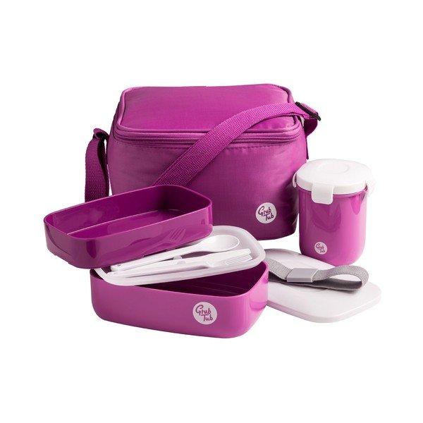 Tamsiai rožinės spalvos Premier Housewares Grub Tub užkandžių dėžutės, puodelio ir maišelio rinkinys, 21 x 13 cm-image-1