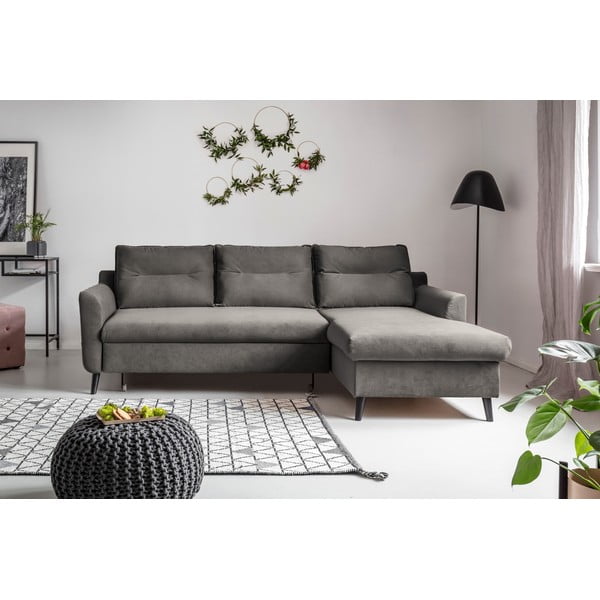 Tamsiai pilka aksominė kampinė sofa-lova Miuform Stylish Tent, dešinysis kampas-image-1