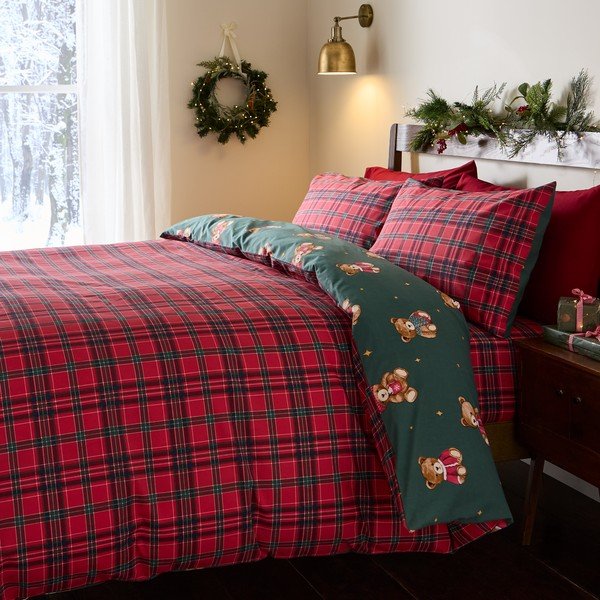 Raudonos spalvos/tamsiai žalios spalvos viengulė patalynė 150x120 cm Christmas Tartan Teddy Bear – Catherine Lansfield-image-1