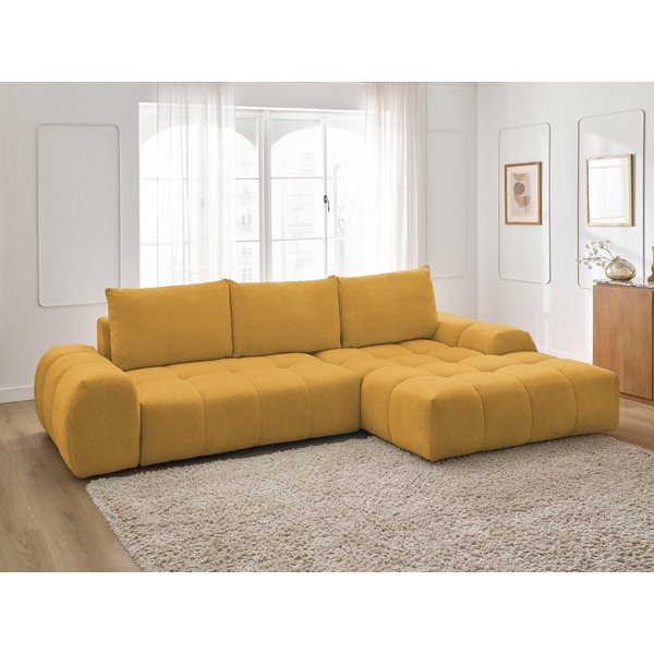 Garstyčių spalvos iš šenilinio audinio sulankstoma/su sandėliavimo vieta kampinė sofa (su dešiniuoju kampu/su gultu) Everest – Bobochic Paris-image-1