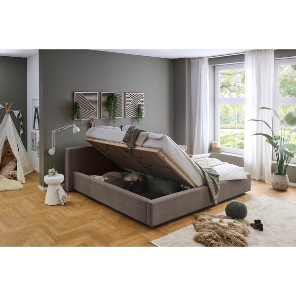 Taupe spalvos dvigulė lova audiniu dengta su sandėliavimo vieta su lovos grotelėmis 200x240 cm Cube – Meise Möbel-image-1