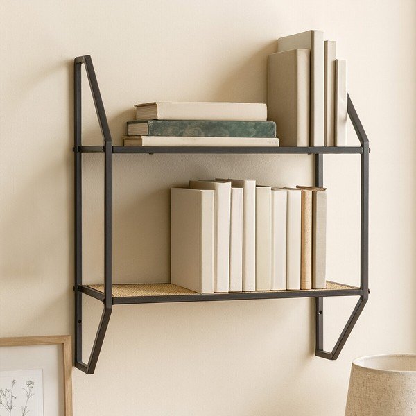 Juodos spalvos/natūralios spalvos iš metalo kelių aukštų sieninė lentyna 61 cm Depok – Premier Housewares-image-1