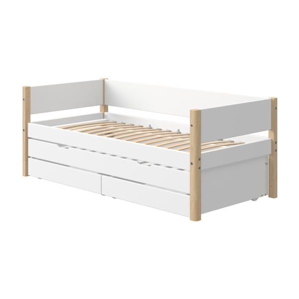 Balta vaikiška lova su papildoma ištraukiama dalimi ir daiktadėže bei beržo medienos kojomis Flexa White