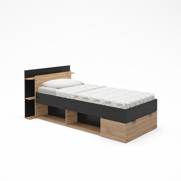 Viengulė lova juodos spalvos/natūralios spalvos iš ąžuolo su sandėliavimo vieta be grotelių 90x200 cm Albo – Marckeric