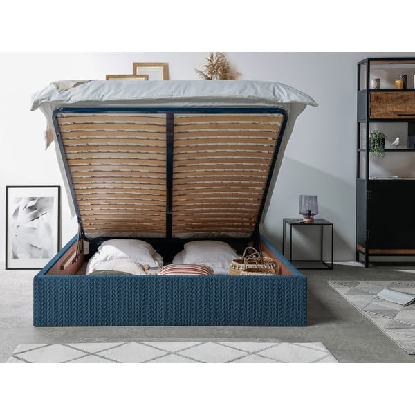 Tamsiai mėlyna minkšta dvigulė lova su daiktadėže ir grotelėmis 160x200 cm Adele - Bobochic Paris-image-3