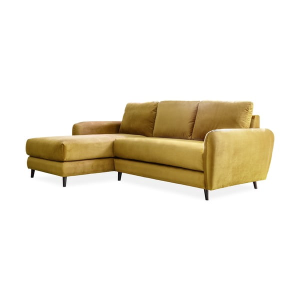 Geltonos spalvos aksominė kampinė sofa su pakoja Miuform Cozy Claire, kairysis kampas
