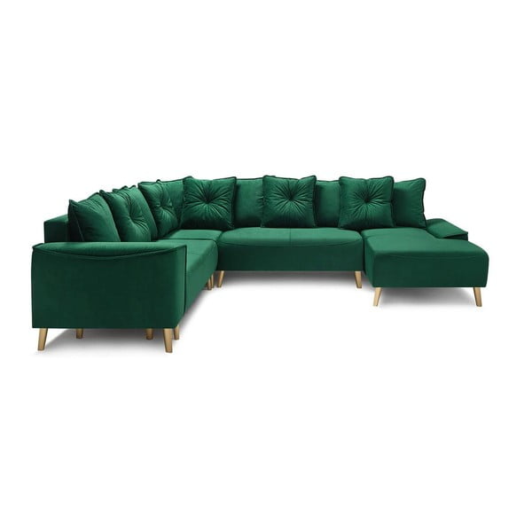 Žalio aksomo U formos sofa-lova su auksinėmis kojomis "Bobochic Paris Panoramique XXL Hera", dešinysis kampas