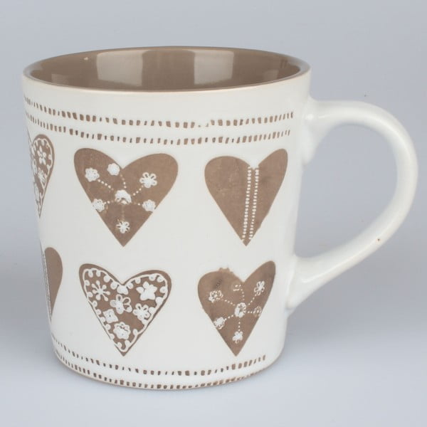 Smėlio ir baltos spalvos rankomis dekoruotas keraminis puodelis "Dakls Heart II", 473 ml