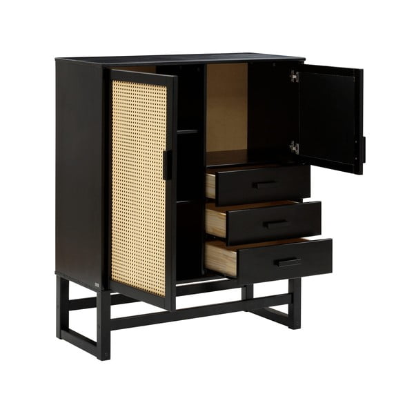 Juodos spalvos pušies medienos komoda su rotango durelėmis Støraa Jolene, plotis 90 cm-image-3