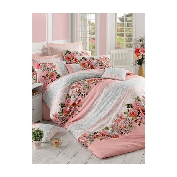 Rožinė dvigulės lovos patalynė Rose, 200 x 220 cm