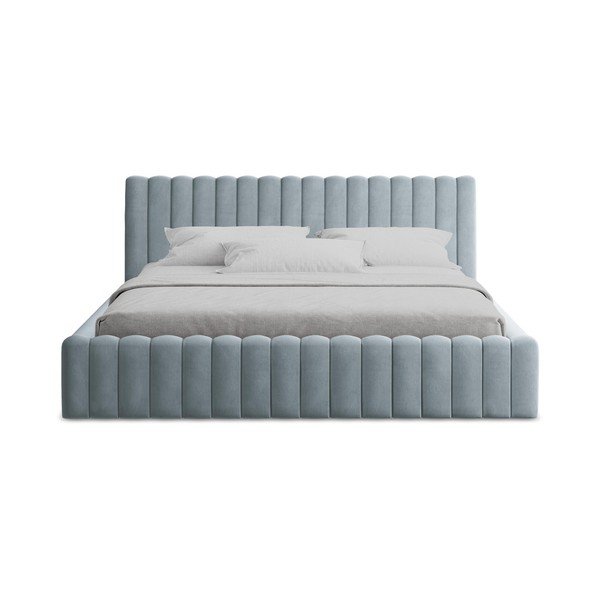 Šviesiai mėlynos spalvos dvigulė lova audiniu dengta su sandėliavimo vieta su lovos grotelėmis 160x200 cm Lemi – Makamii-image-4