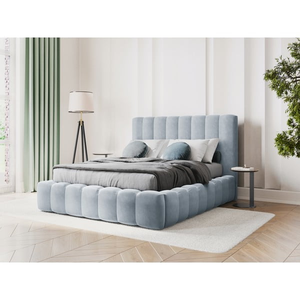 Šviesiai mėlyna minkšta dvigulė lova su laikymo vieta ir grotelėmis 180x200 cm Kelp - Micadoni Home-image-1