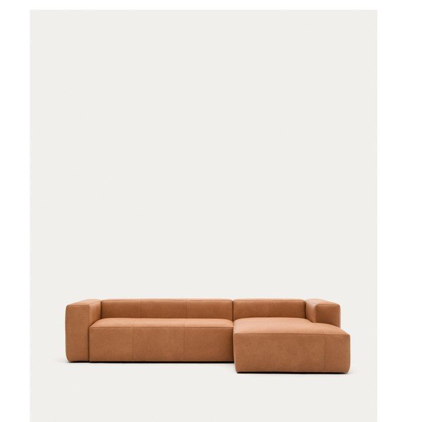 Rudos spalvos kampinė sofa iš odos (su dešiniuoju kampu/su gultu) Blok – Kave Home