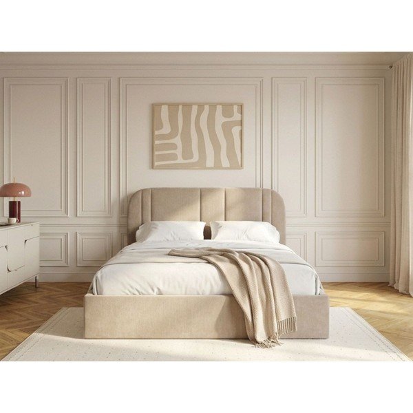 Smėlio spalvos dvigulė lova audiniu dengta su sandėliavimo vieta su lovos grotelėmis 180x200 cm Sidney – Bobochic Paris-image-2