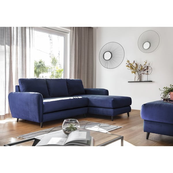 Mėlynos spalvos aksominė kampinė sofa su pakoja Miuform Cozy Claire, dešinysis kampas-image-1