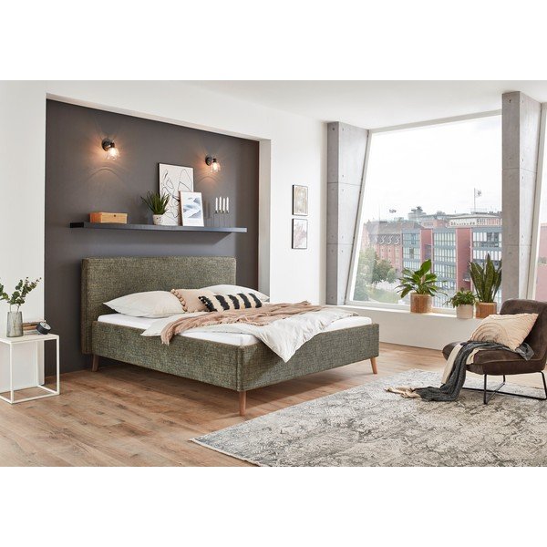 Tamsiai žalios spalvos dvigulė lova audiniu dengta su sandėliavimo vieta su lovos grotelėmis 180x200 cm Riva – Meise Möbel-image-1