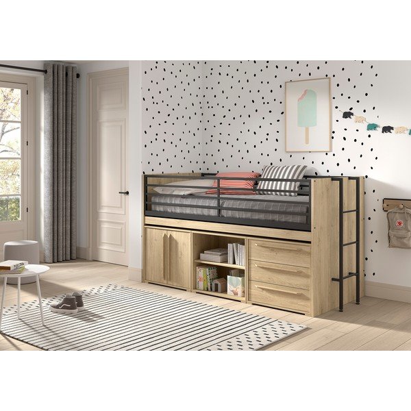 Natūralios spalvos paaukštinta vaikiška lova su sandėliavimo vieta su lovos grotelėmis 90x200 cm Sam – Vipack-image-1