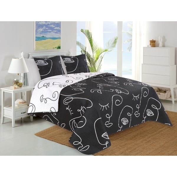 Baltos ir juodos spalvos lovatiesė su pagalvės užvalkalu My House Mandala, 140 x 220 cm