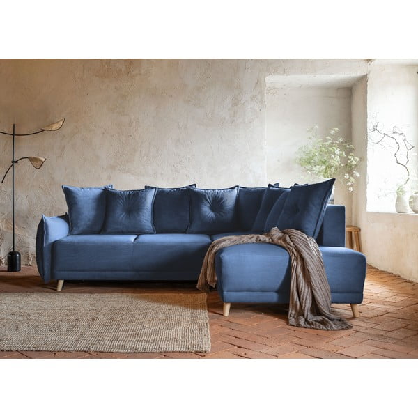 Sulankstoma kampinė sofa iš kordinio velveto tamsiai mėlynos spalvos (su dešiniuoju kampu) Lazy Lukka – Miuform-image-1