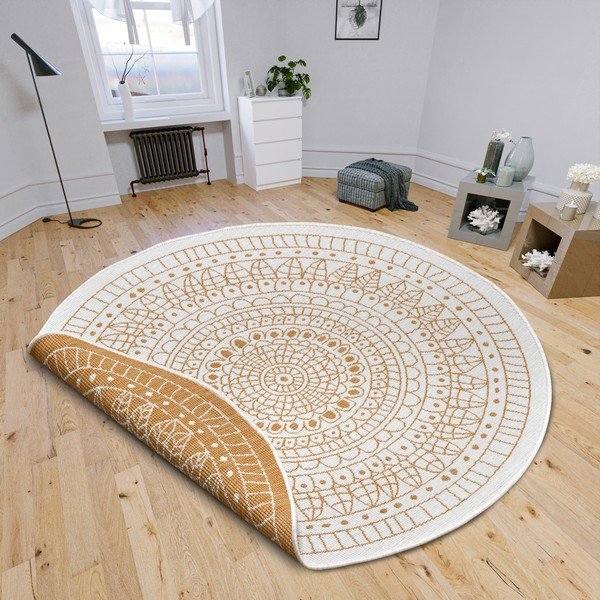 Apvalios formos lauko kilimas ochros spalvos/baltos spalvos ø 140 cm Porto – NORTHRUGS-image-1