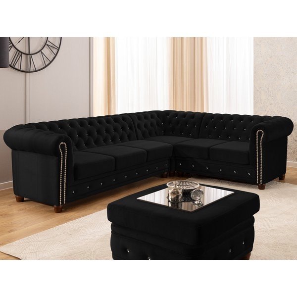 Juodos spalvos sulankstoma kampinė sofa iš velveto (su dešiniuoju kampu/„L“ formos) York Blik – Ropez-image-1