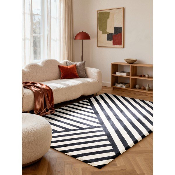 Rankų darbo juodos ir baltos spalvos iš vilnos kilimas 120x180 cm Stryve Noir – Elle Decoration-image-1