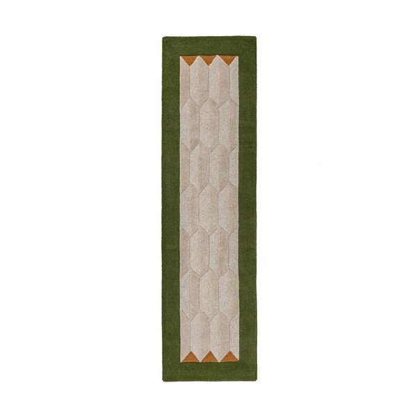 Rankų darbo žalios spalvos/natūralios spalvos iš vilnos kilimas 60x230 cm Apex Border Wool – Flair Rugs