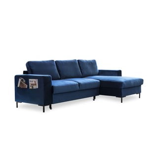 Tamsiai mėlynos spalvos aksominė kampinė sofa Miuform Lofty Lilly, dešinysis kampas