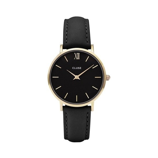 Moteriškas juodas laikrodis su odiniu dirželiu ir auksinėmis detalėmis Cluse Minuit