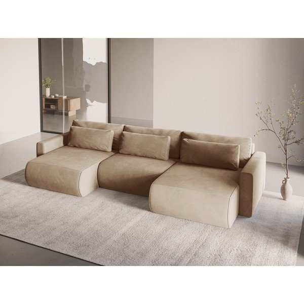 Šviesiai rudos spalvos iš velveto sulankstoma/su sandėliavimo vieta kampinė sofa („U“ formos) Belfast – Cosmopolitan Design-image-1