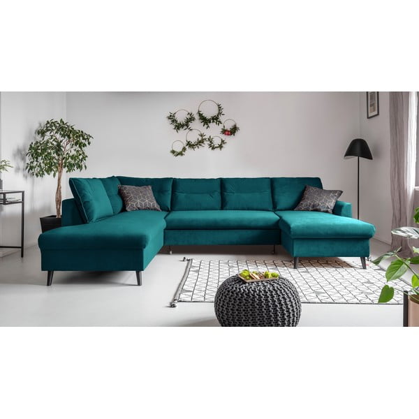 Turkio spalvos U formos aksominė sofa-lova Miuform Stylish Tent, kairysis kampas-image-1