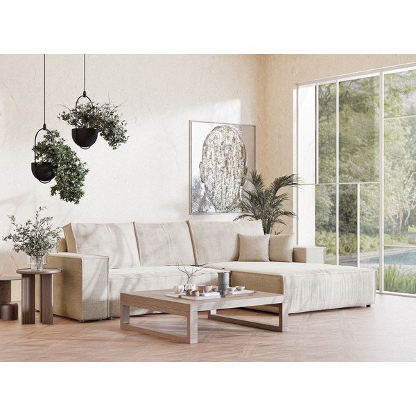 Kreminės spalvos sulankstoma/su sandėliavimo vieta kampinė sofa iš šenilinio audinio (su dešiniuoju kampu/su gultu) Maze – Maison de Rêve-image-1