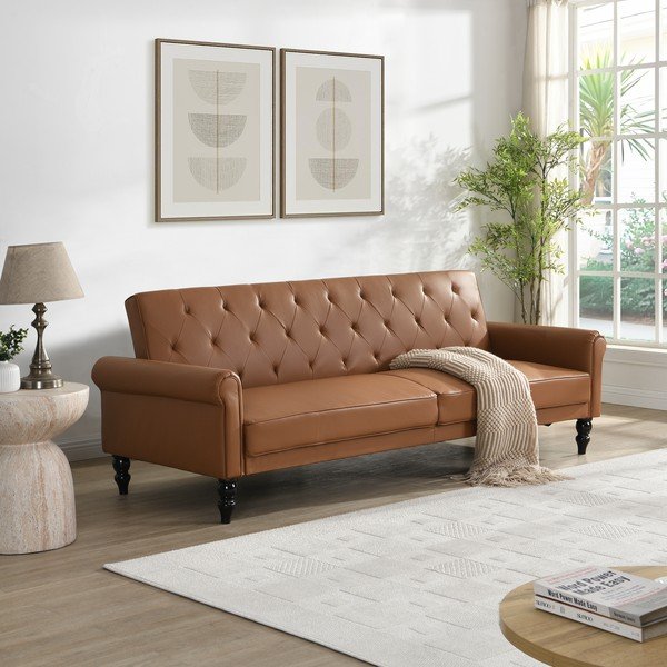 Konjako rudos spalvos reguliuojama/sulankstoma sofa iš dirbtinės odos 222 cm Tyne – Støraa-image-1