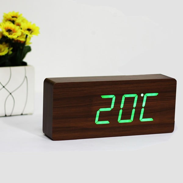 Tamsiai rudas žadintuvas su žaliu LED ekranu Gingko Slab Click Clock-image-1