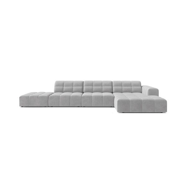 Šviesiai pilkos spalvos kampinė sofa iš velveto (su dešiniuoju kampu/su gultu) Chicago – Cosmopolitan Design