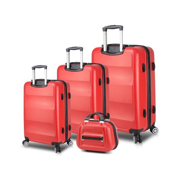 3 raudonų kelioninių lagaminų ant ratukų su USB prievadais ir rankinio bagažo dėklu rinkinys "My Valice LASSO Travel Set