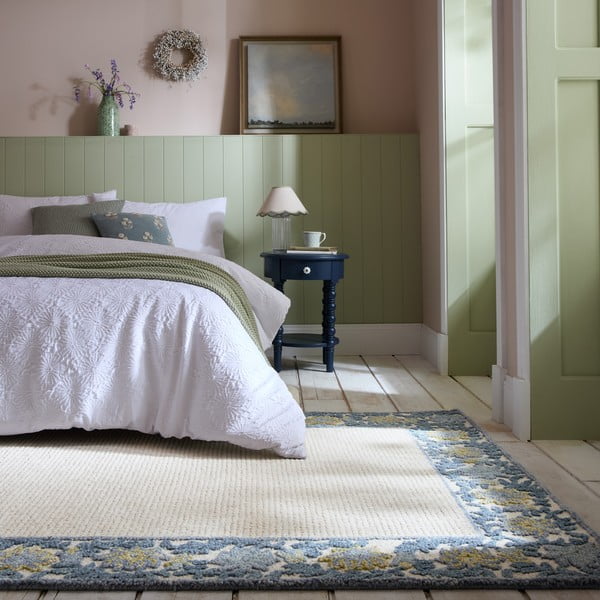 Rankų darbo mėlynos spalvos/dramblio kaulo spalvos iš vilnos mišinio kilimas 120x170 cm Myla Floral Frame – Flair Rugs-image-1