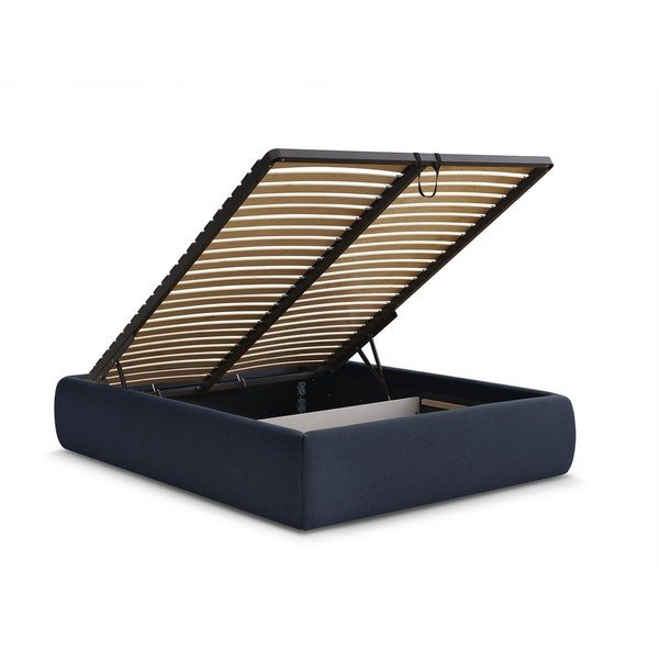 Tamsiai mėlynos spalvos dvigulė lova audiniu dengta su sandėliavimo vieta/be galvūgalio su lovos grotelėmis 160x200 cm Inera – Bobochic Paris-image-3