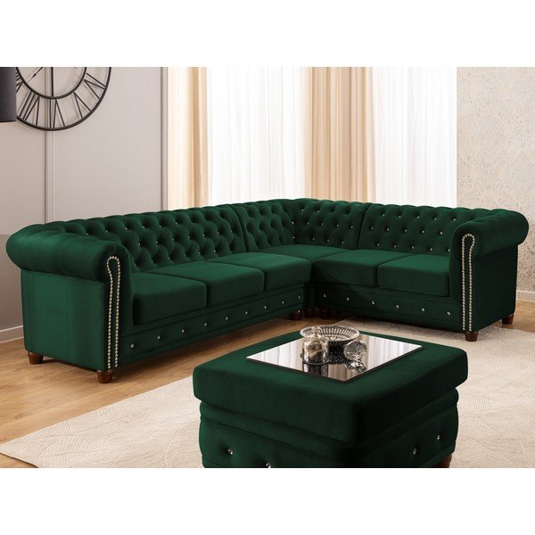 Žalios spalvos sulankstoma kampinė sofa iš velveto (su dešiniuoju kampu/„L“ formos) York Blik – Ropez-image-1