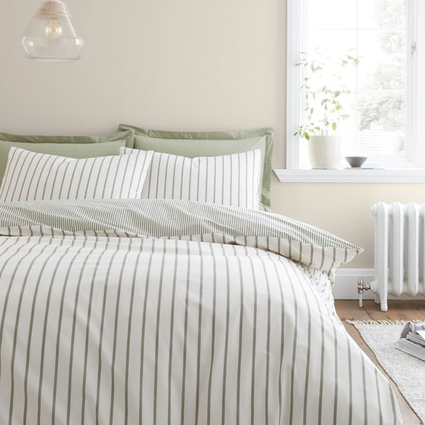 Žalios spalvos/kreminės spalvos iš medvilnės dvigulė patalynė 200x200 cm Hampton Stripe – Bianca-image-1