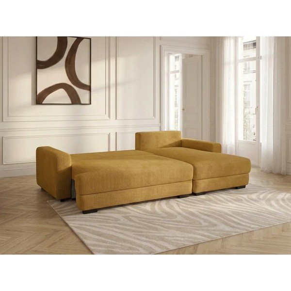 Geltonos spalvos sulankstoma/su sandėliavimo vieta kampinė sofa iš kordinio velveto (su dešiniuoju kampu/su gultu) Campi – Bobochic Paris-image-3