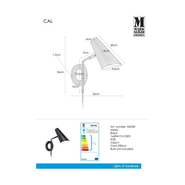 Juodos spalvos sieninė lempa su kištuku ø 9,5 cm Cal – Markslöjd-image-2