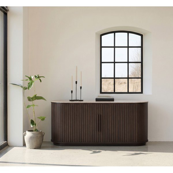 Tamsios natūralios spalvos iš keraminės plokštės šoninė spintelė su stumdomomis durimis 165x76x45 cm Enna – Unique Furniture-image-1